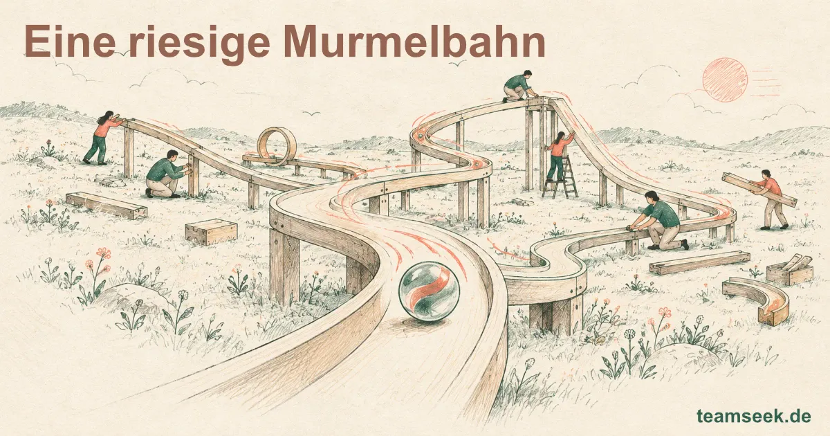 Handgezeichnete Skizze: Menschen bauen auf einer Wiese eine große Murmelbahn aus Holz mit Kurven, Rampe und Looping, im Vordergrund liegt eine Glaskugel. Dazu der Text „Eine riesige Murmelbahn“ und teamseek.de.